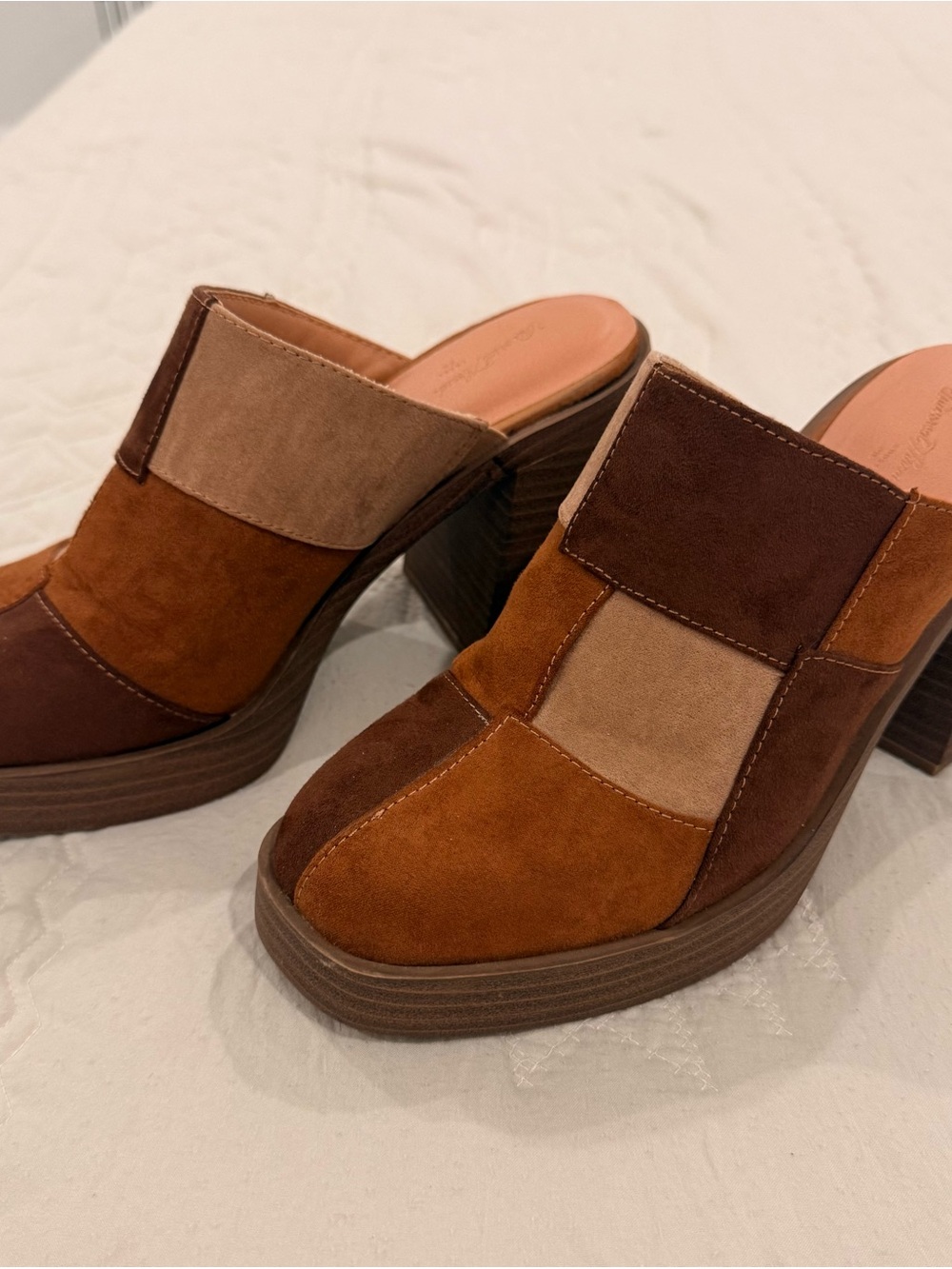 Universal Thread Patchwork Suede Platform Mules in Brown and Tan